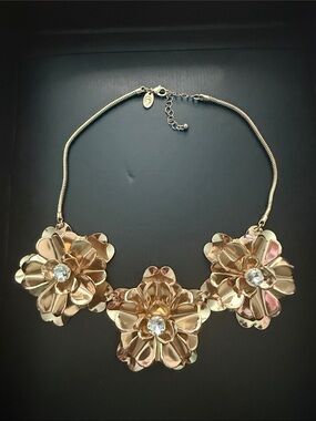 Gold Floral Statement Necklace with Crystal Accents